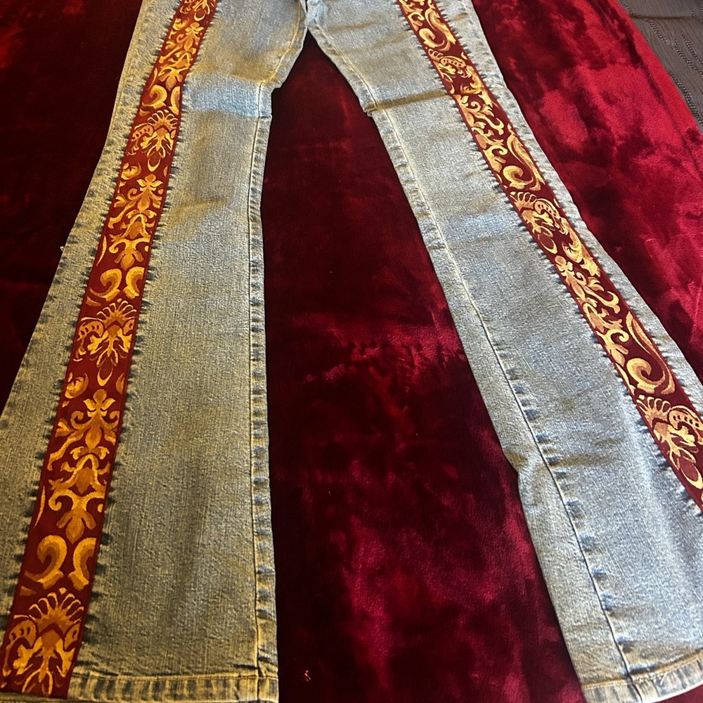 Rare vintage bell bottoms Embroidered Denim Jeans with Red and Gold Accents